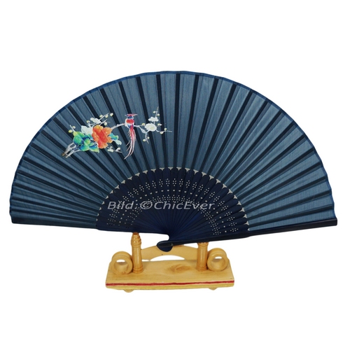 Fächer Handfächer aus Bambus & Baumwolle blau rot grün Blumen Vogel Handarbeit 7300a - zum Schließen ins Bild klicken